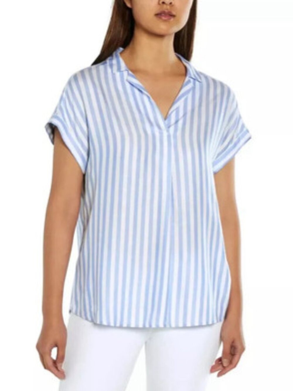 Gap Blue White Striped Popover Summer Spring Rayon Viscose Blend Blouse L - Picture 1 of 14